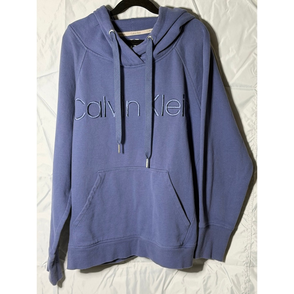 Calvin Klein Womens Embroidered Logo Hoodie Blue Purple Pullover Sweatshirt S